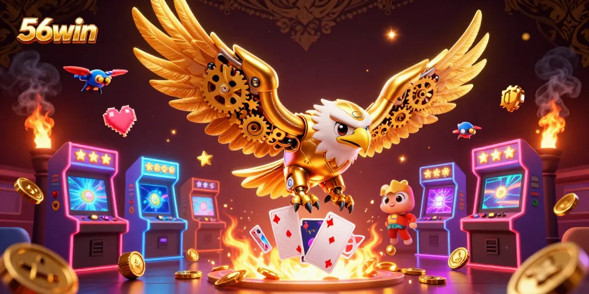 Experience the thrill of 56win with a cybernetic eagle amidst glowing casino elements.