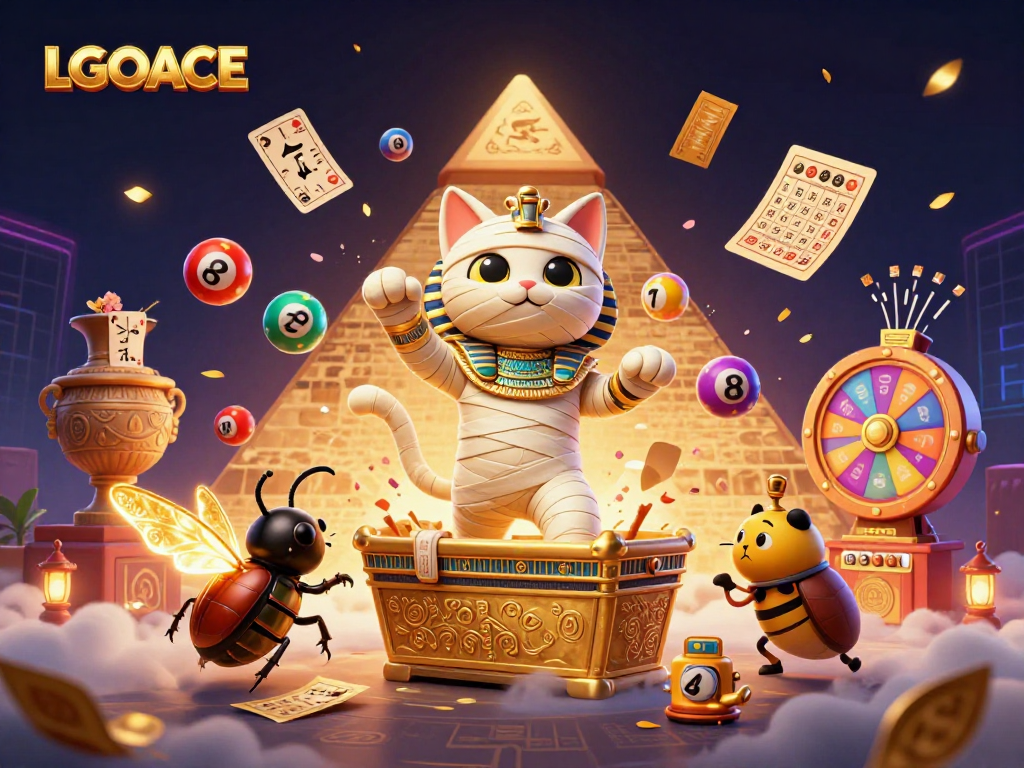 LGOACE reveals a dynamic scene featuring an Egyptian mummy cat in a pyramid casino bursting with color and excitement.