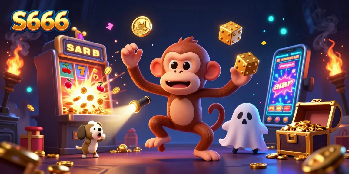 Experience the excitement of S666 as a playful poltergeist monkey juggles, showcasing a dynamic casino scene.