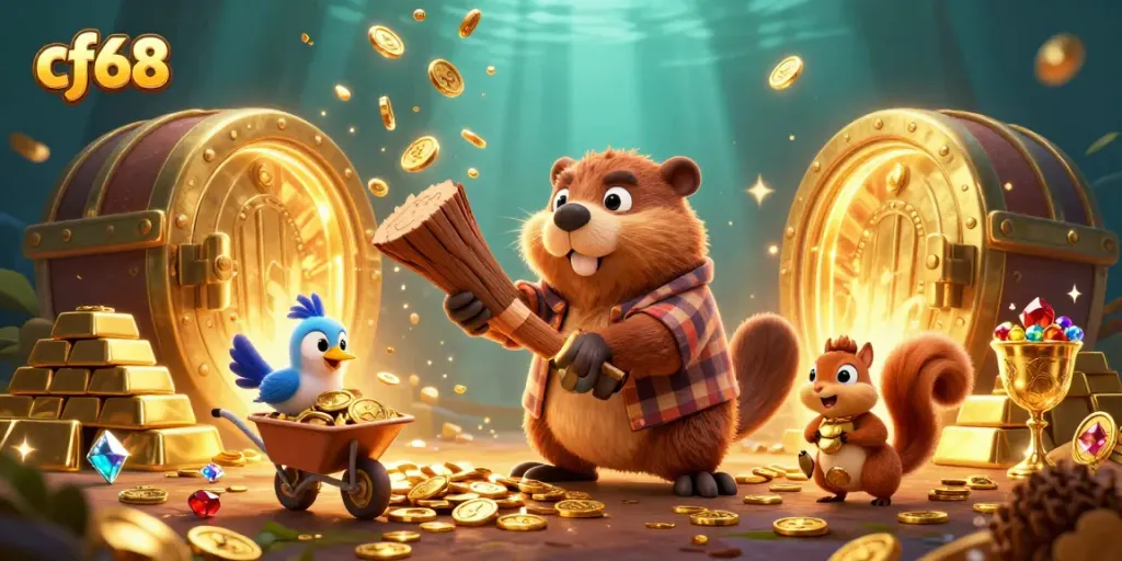 cf68 game scene featuring cartoon beaver, collecting coins and gold in a vibrant casino