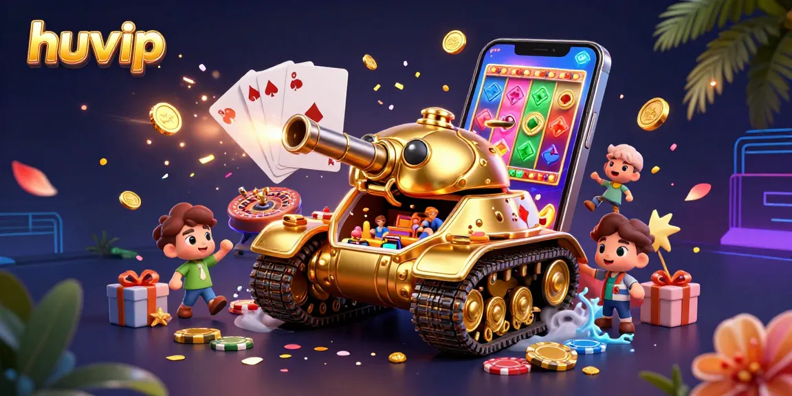 Play exciting games at huvip's miniature casino with vibrant slot reels and golden chips.