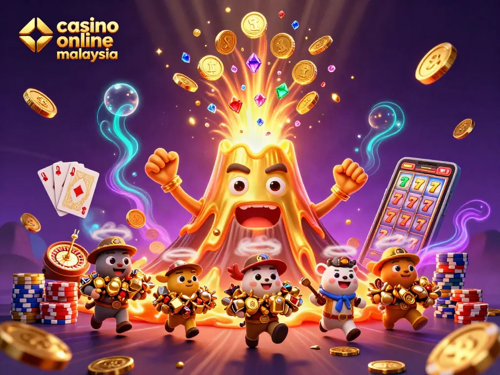 Exciting action in a casino online malaysia scene with a golden volcano and treasure-filled animals.