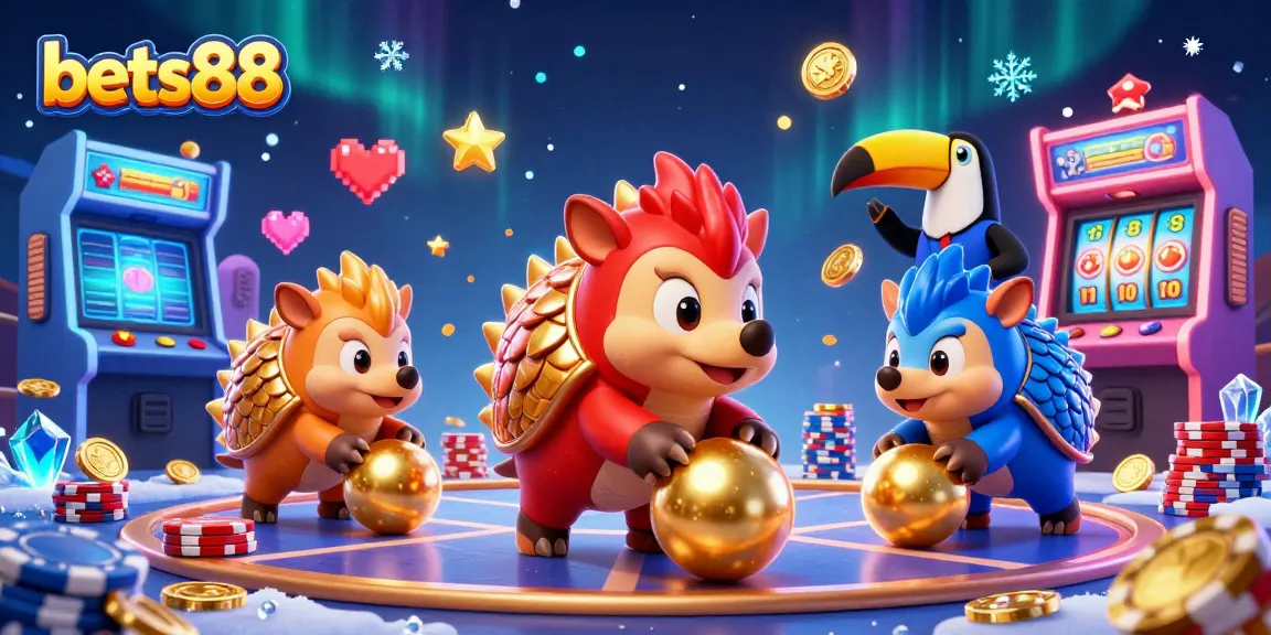 Experience the thrilling action at bets88 as rival pangolins compete, bowling through poker chips and slot elements.