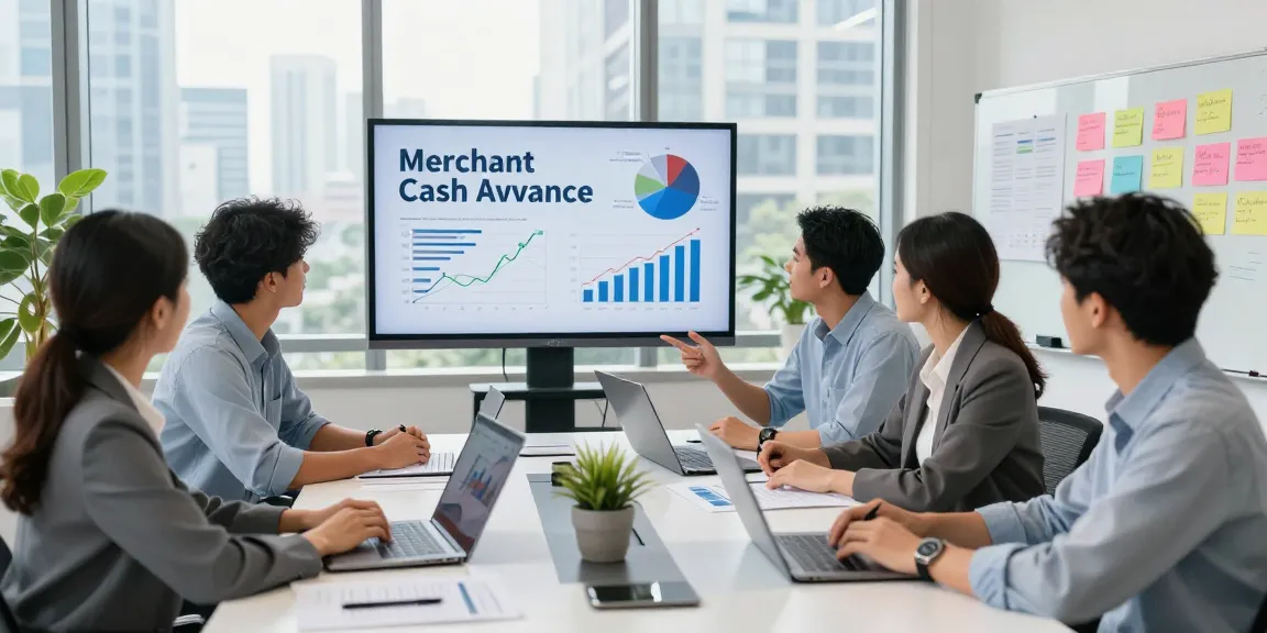 Team discussing merchant cash advance companies in a bright office environment with financial charts and reports.