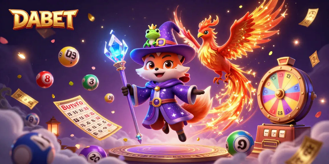 Experience the excitement at DABET with a mystical fox wizard and vibrant gaming elements.
