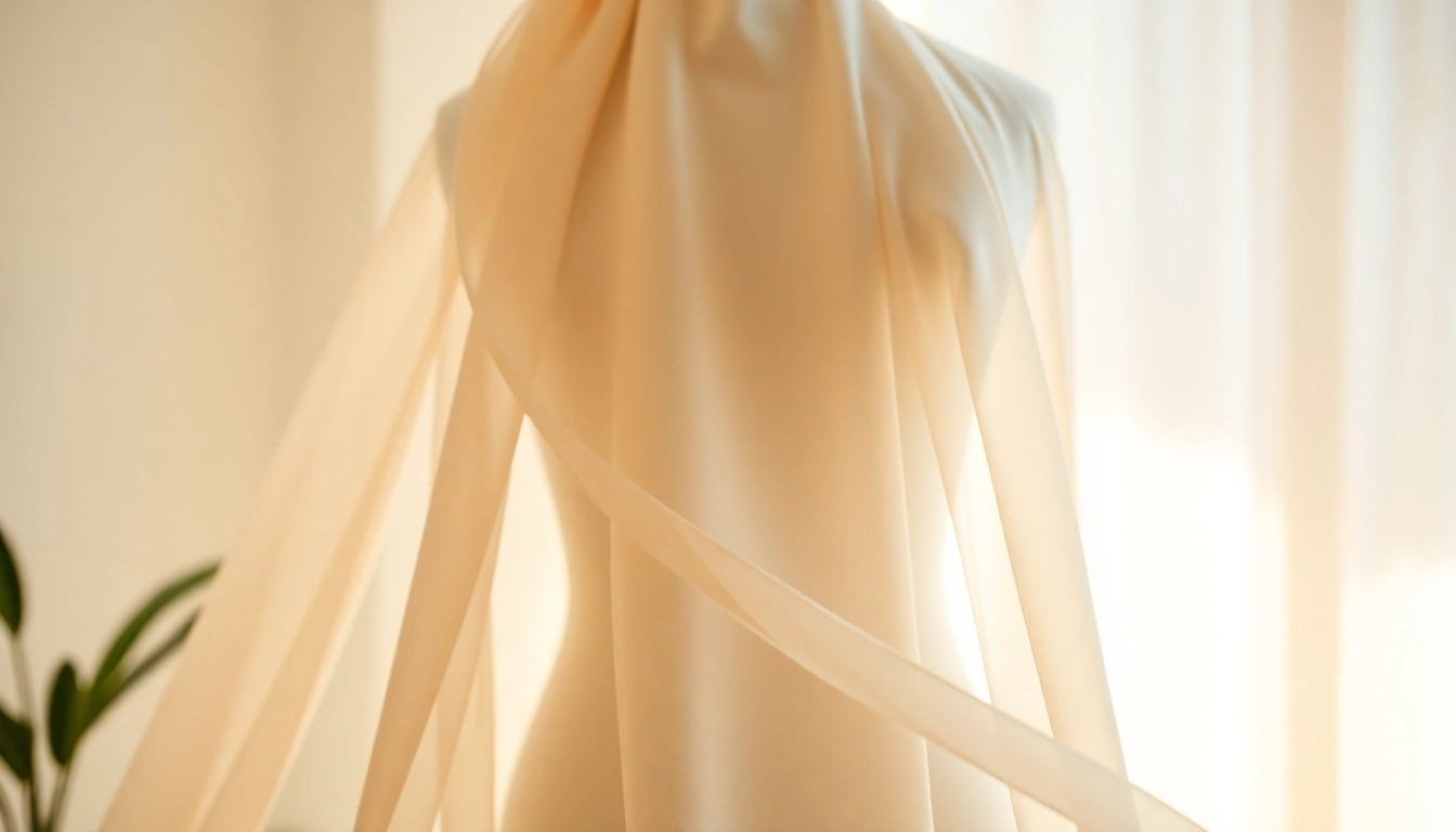 Chiffon stof elegant gedrapeerd op een paspop met een zachte, luchtige textuur.