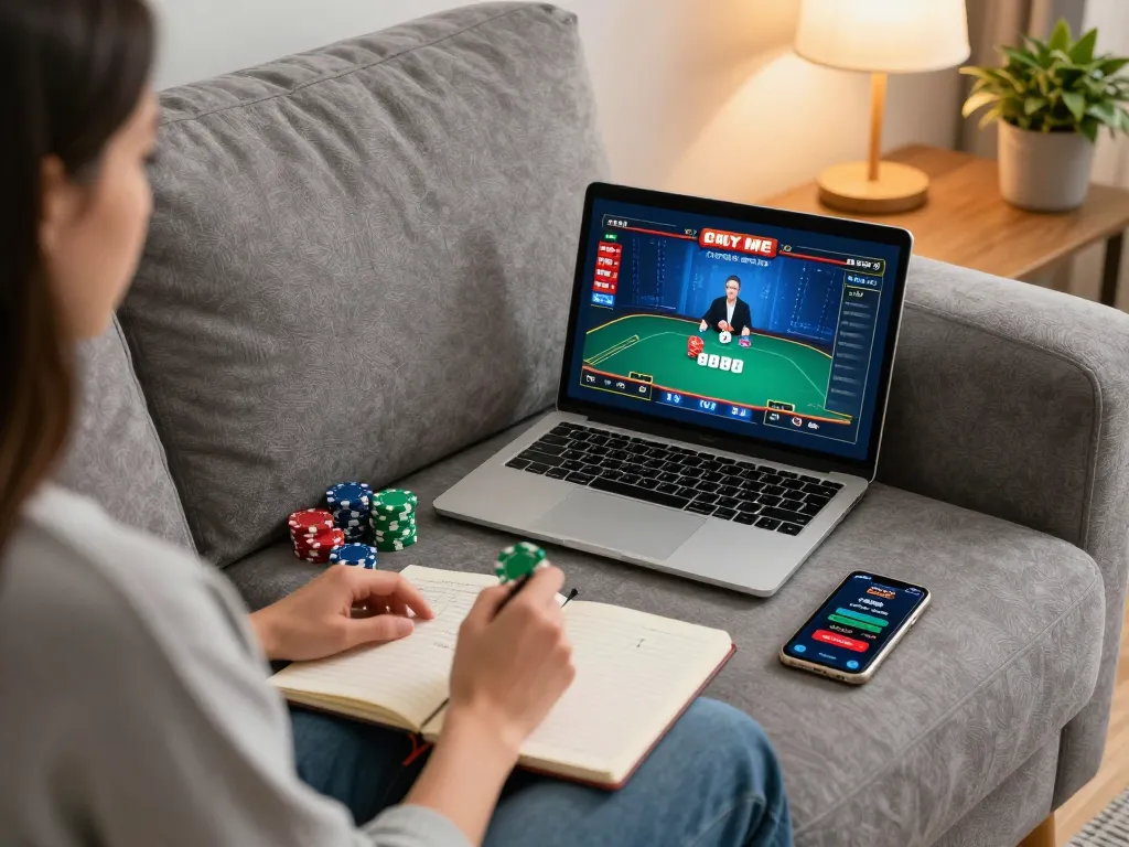 Engage in strategic online poker gameplay with tjcjventures on a cozy couch setting.