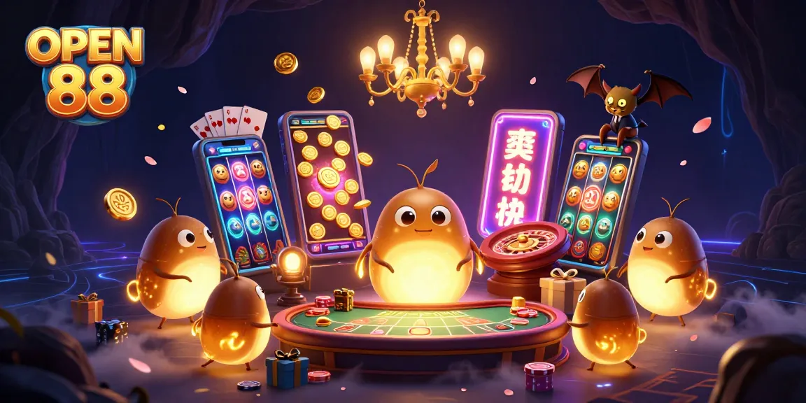 Experience the excitement of OPEN 88 in a vibrant casino scene with glowworms and engaging gaming elements.