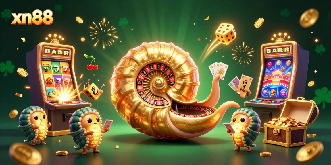 Experience high-energy gameplay at xn88 with a 3D nautilus roulette wheel, dynamic slot machines, and festive casino elements.