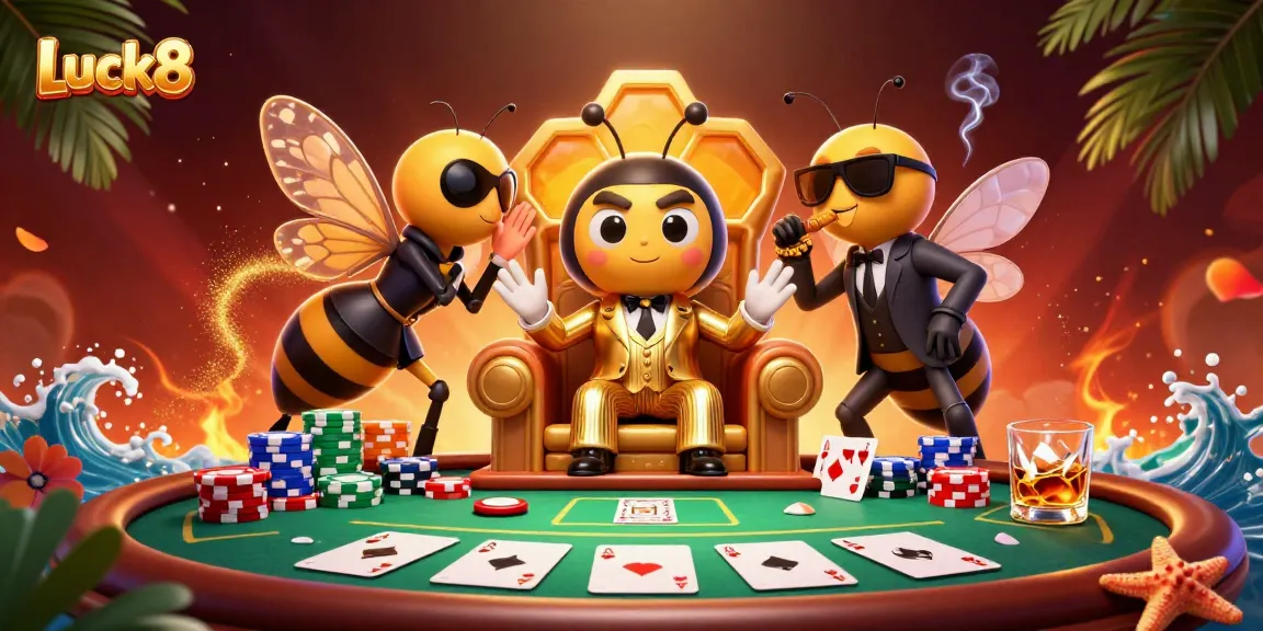 Luck8 players strategize at a vibrant poker table packed with colorful chips and cards.