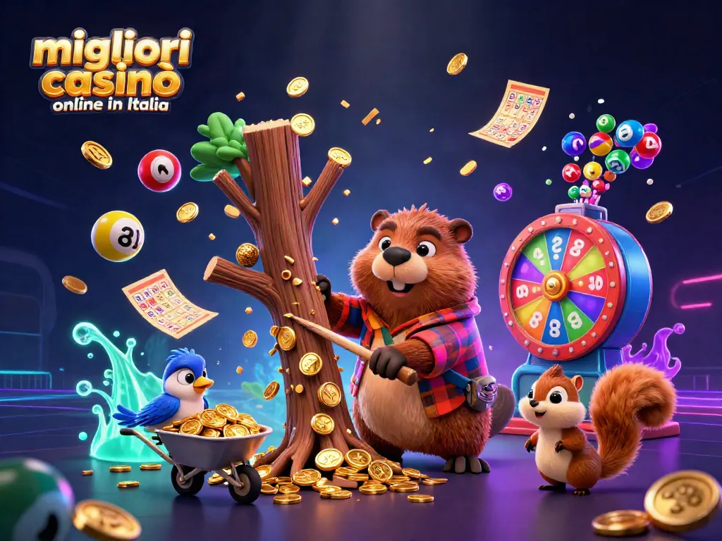 Migliori casinò online in Italia mostra un castoro che taglia un albero con monete d'oro mentre un uccello raccoglie e una scoiattolo impila ghiande dorate.