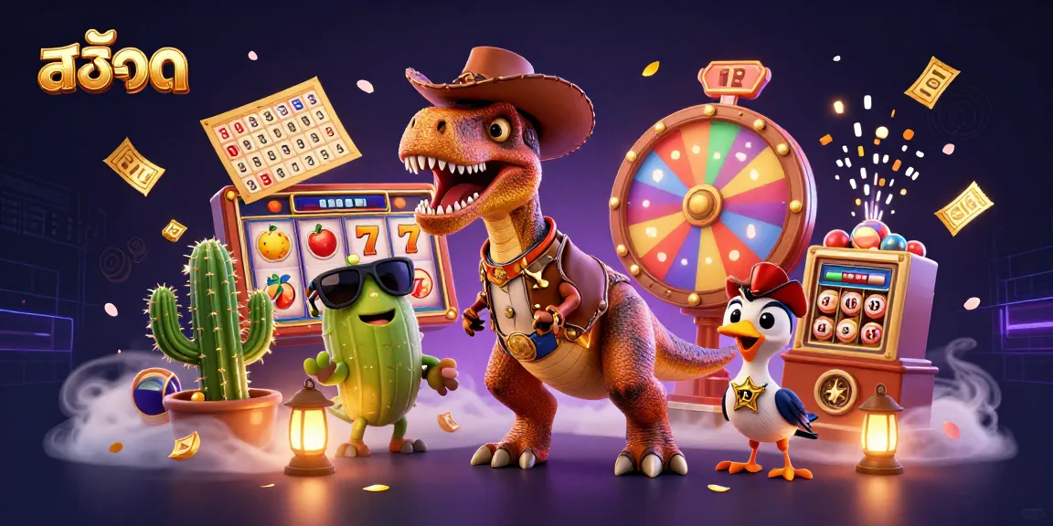 Engage with exciting สล็อต gameplay featuring T-Rex and friends amid vibrant casino visuals.