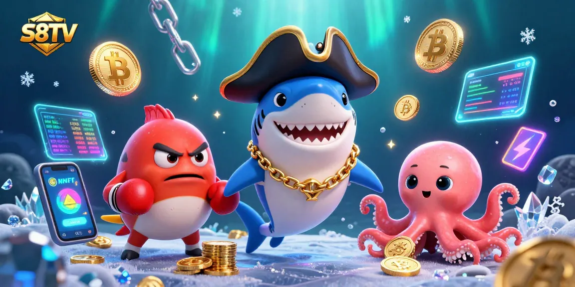 S8TV lively illustration showcasing an immersive underwater casino adventure with vibrant characters and crypto elements.