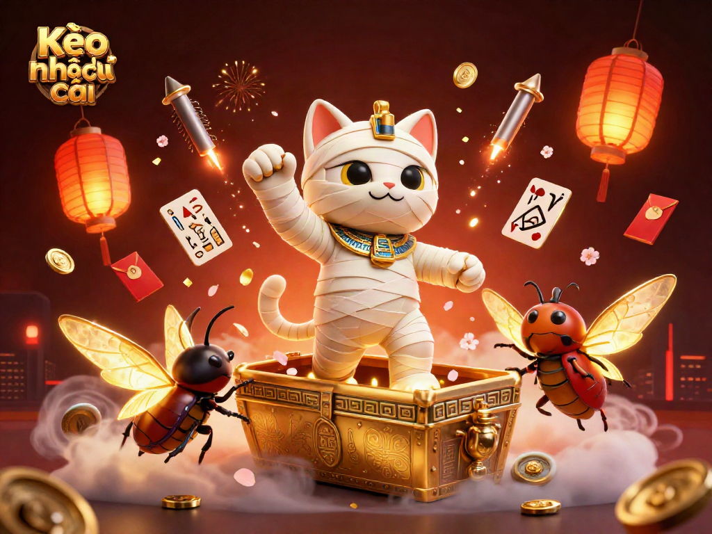 Kèo nhà cái showcases an Egyptian mummy cat and scarab beetle in a vibrant casino scene.