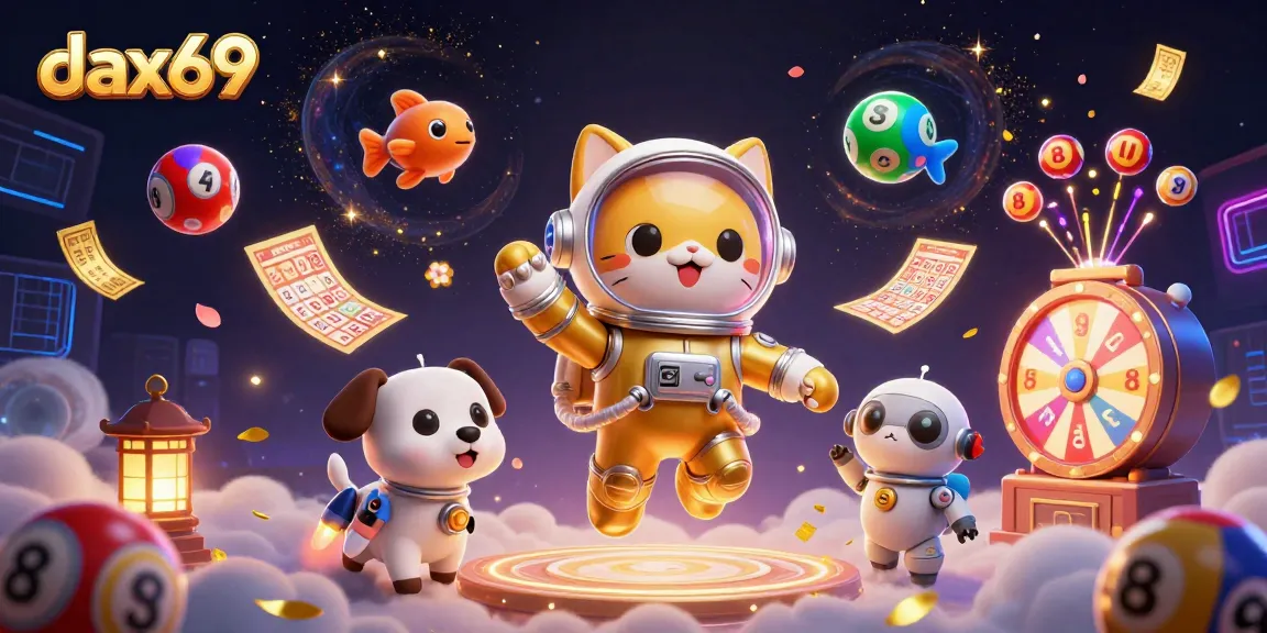 Dax69 menarik bola lotere berwarna dengan kucing astronot dan anjing robot di dunia galaksi.