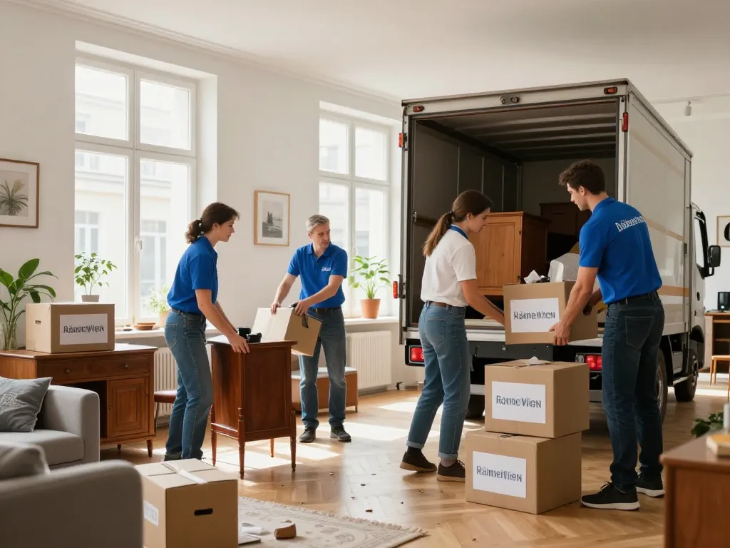 Räumung Wien Team, das eine moderne Wohnung entrümpelt und Räume effizient und professionell transformiert.
