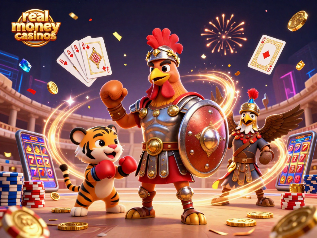 Experience the excitement of real money casinos with this dynamic 3D illustration showcasing a rooster gladiator, a tiger cub, and vibrant casino elements.