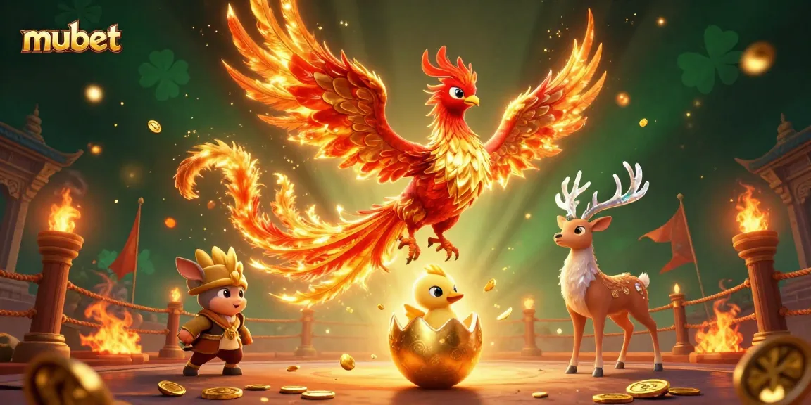 Join the excitement at mubet, where a phoenix rises amid golden coins and betting tokens.