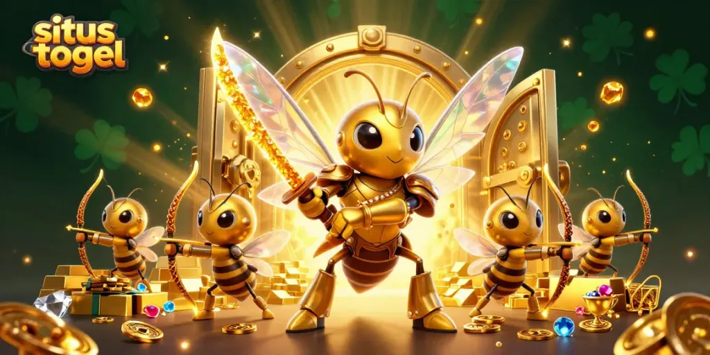 Engage with situs togel strategies as a stylized hornet leads a treasure hunt in a dazzling casino scene.