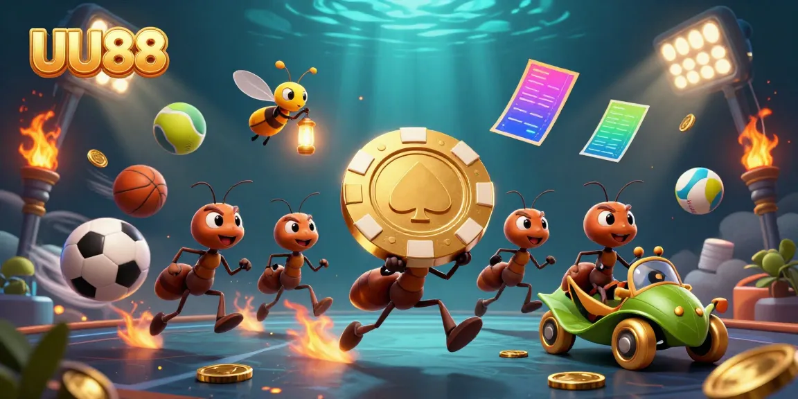 Experience the thrilling heist of UU88 with ants and sports elements in a vibrant 3D casino scene.