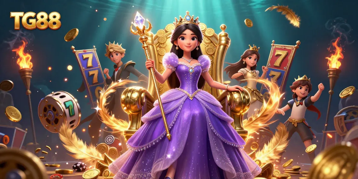 TG88 offers thrilling online gaming with dynamic slot reels and golden tokens in a captivating scene.