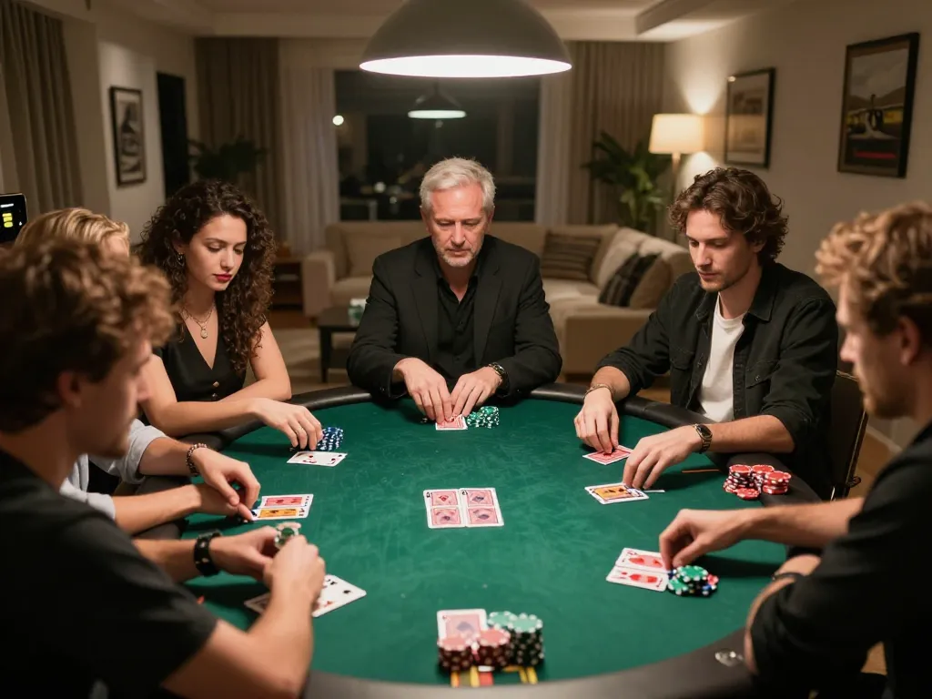 Players enjoying a lively poker game at home, strategizing with chips and cards, TG88 atmosphere