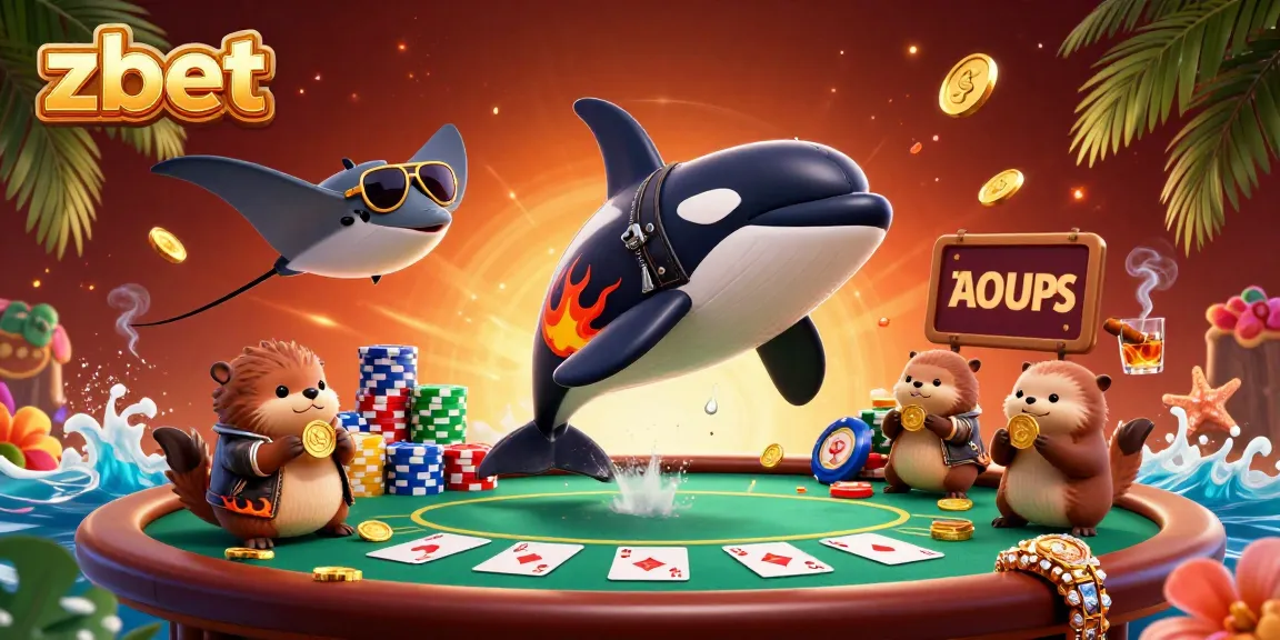 Join the excitement at zbet with a vibrant casino scene featuring animated characters and poker elements.