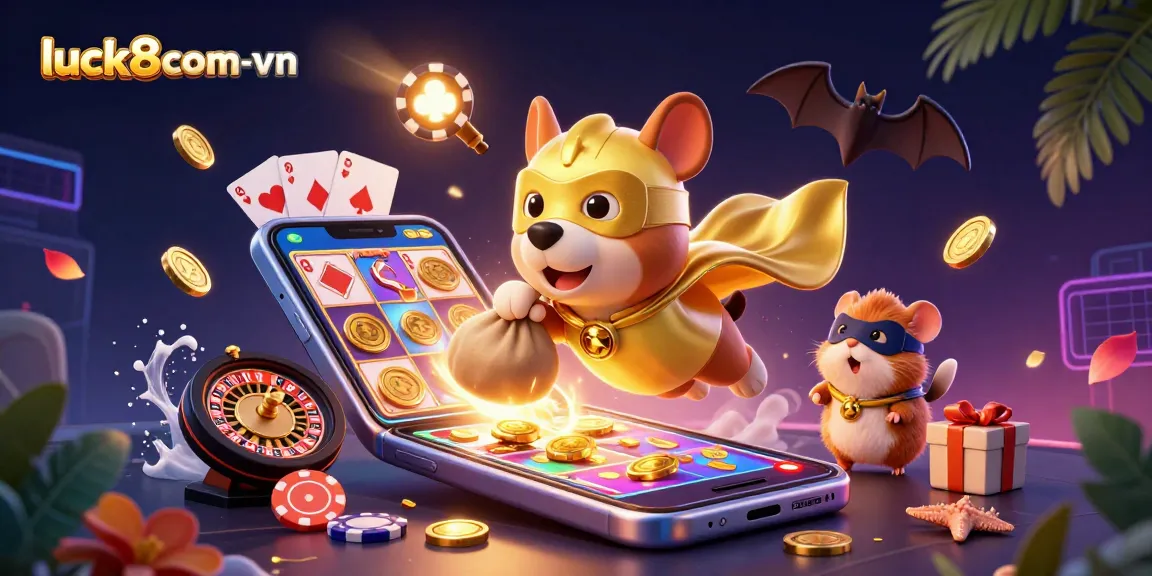 Experience thrilling gaming with luck8com-vn as playful cartoon characters embrace the excitement of casino adventures.
