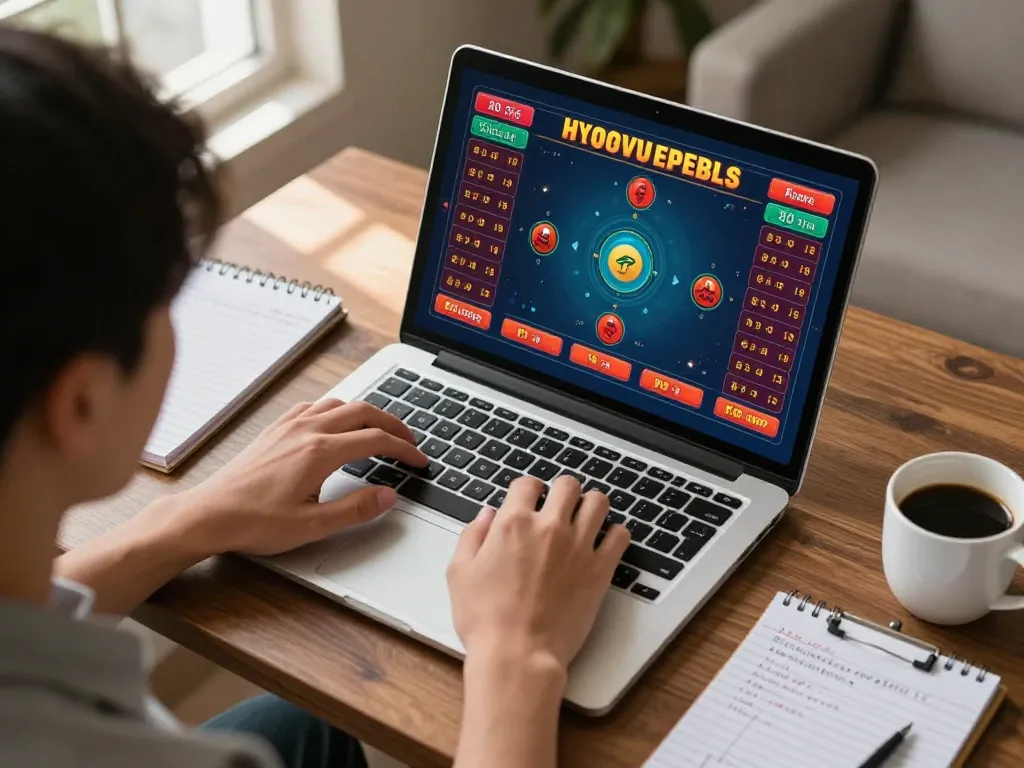 Player analyzing Hongkong Pools game strategy on laptop in a cozy home office setting.