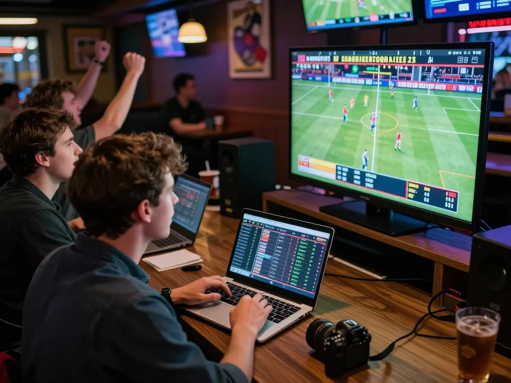 Immersive sports betting environment at nhandinhkeonhacai with bettors analyzing live games.