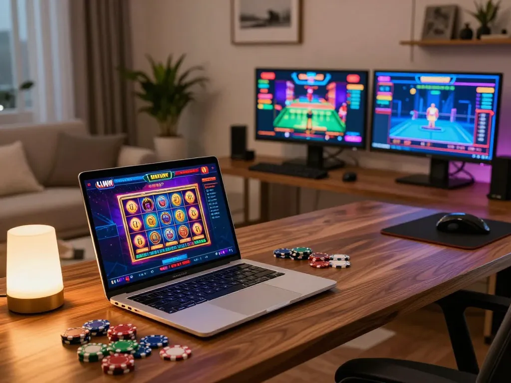 Engaged gamer at home exploring LLWIN online casino games on a sleek laptop.