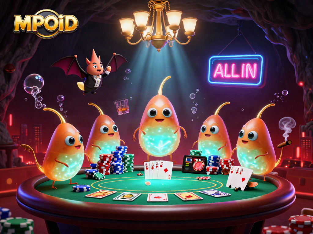 MPOID illuminates a vibrant casino scene with glowworms, bioluminescent elements, and dynamic poker action.