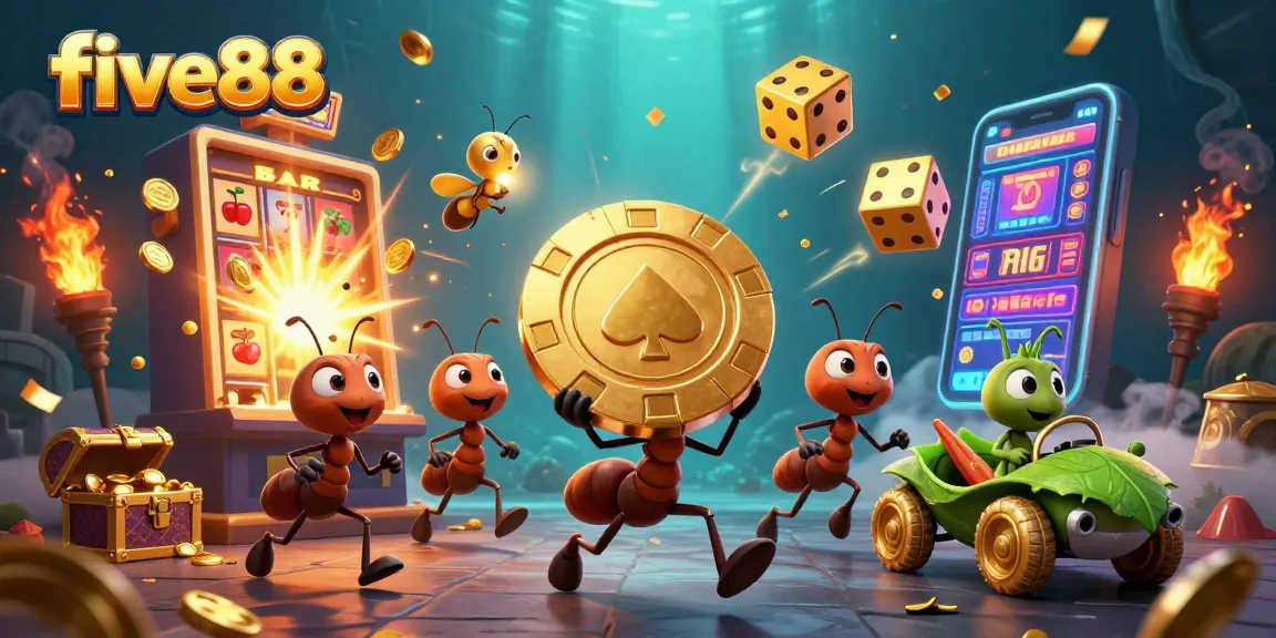 Five88 heist scene with ants, poker chip, and vibrant casino elements bursting with excitement