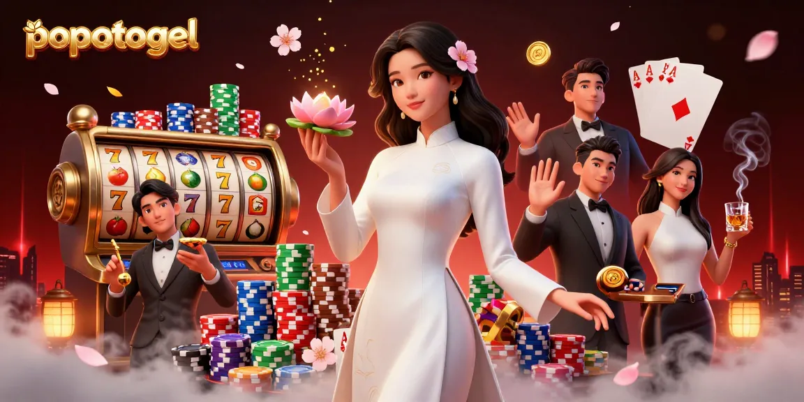 Win at popotogel with a vibrant scene of casino elements, an elegant woman, and dynamic slot reels.