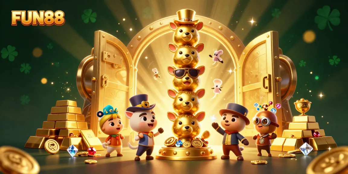 Join the excitement at FUN88 with a vibrant 3D illustration showcasing a golden totem and treasure elements in a casino-themed environment.