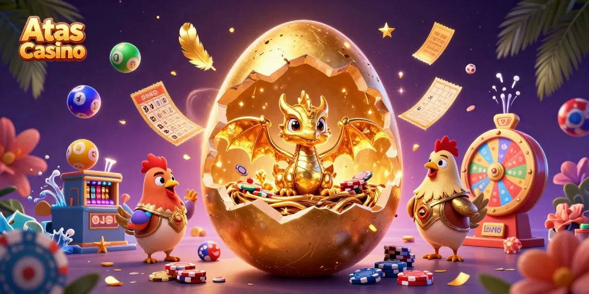 Experience exciting gameplay at Atas Casino with a vibrant, dynamic 3D illustration of gaming elements and a golden dragon.
