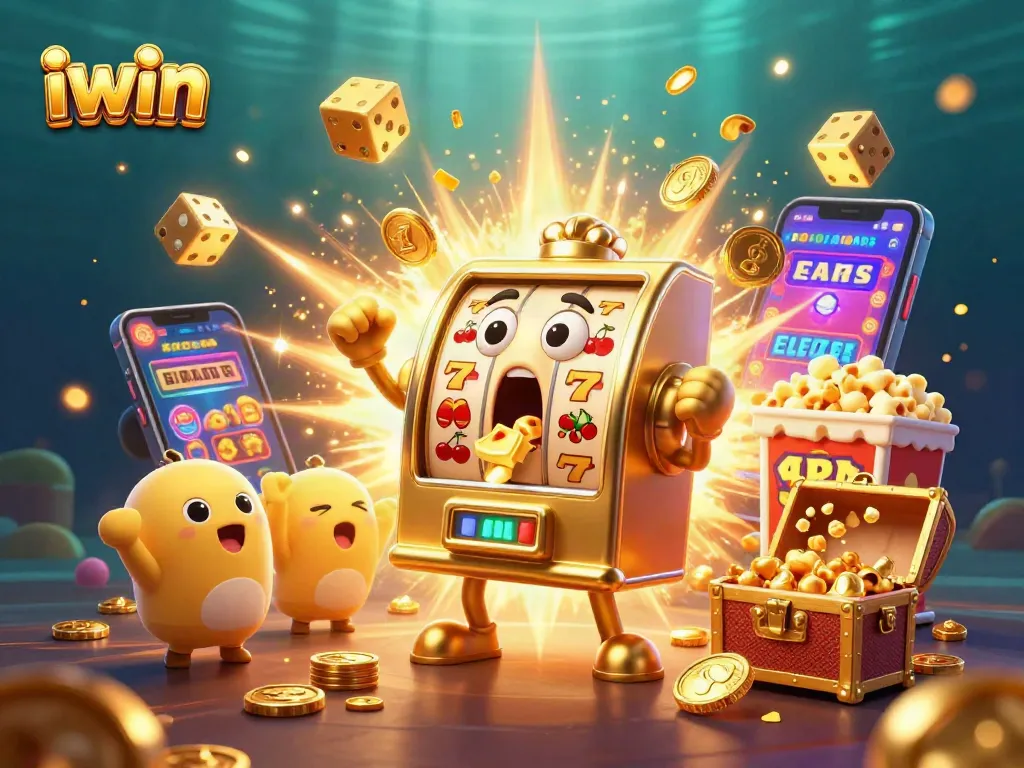 Win big with iwin in this lively 3D illustration of a golden slot machine jackpot celebration.