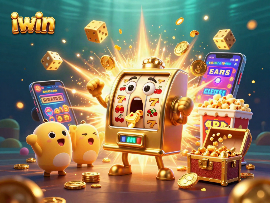 Win big with iwin in this lively 3D illustration of a golden slot machine jackpot celebration.