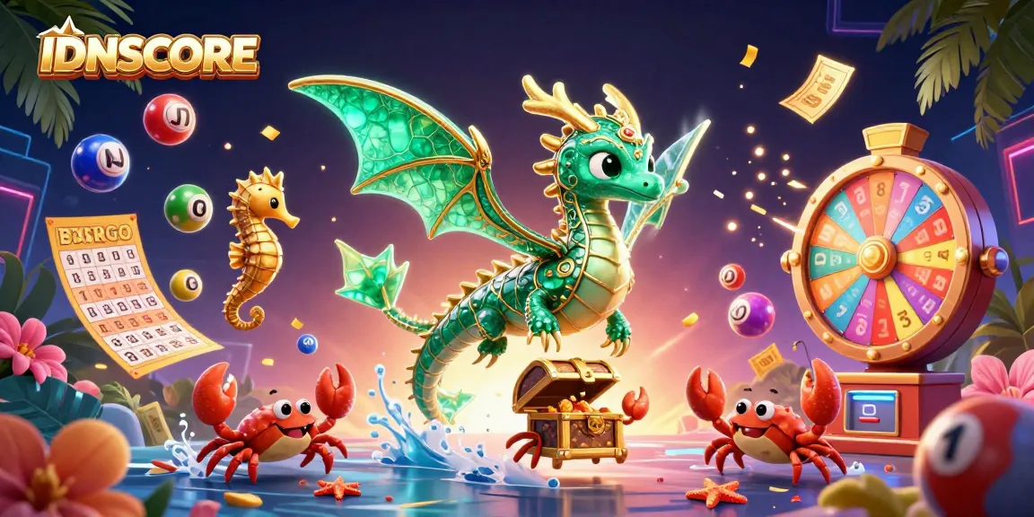Engage with exciting IDNSCORE lottery dynamics featuring vibrant balls, treasure, and a fantastical sea dragon.