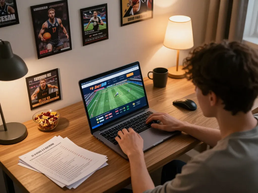 Bet88 online betting scene with a player engaged in sports gambling at home.