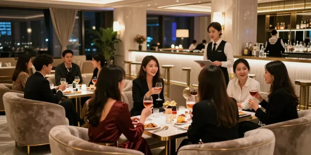 강남 타이밍의 고급스러운 내부에서 손님들이 즐거운 대화를 나누는 모습