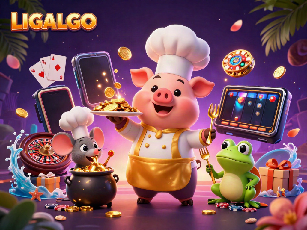 Experience thrilling games at LIGALGO with a vibrant 3D casino scene showcasing a chef pig, coins, and play elements.