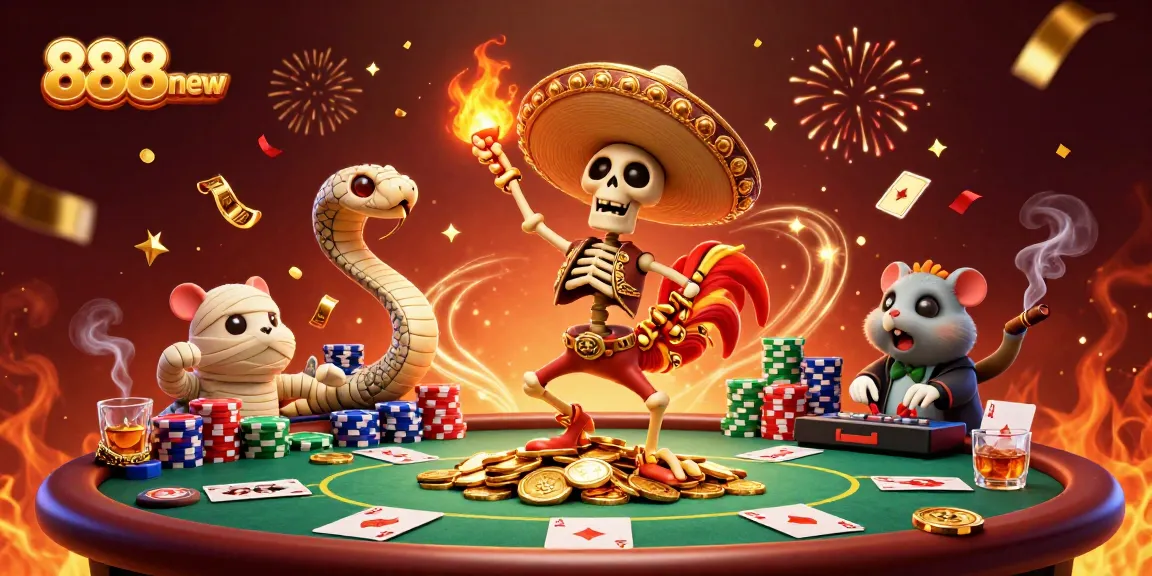 Celebrate winning at 888new with vibrant casino characters dancing on coins among poker elements.