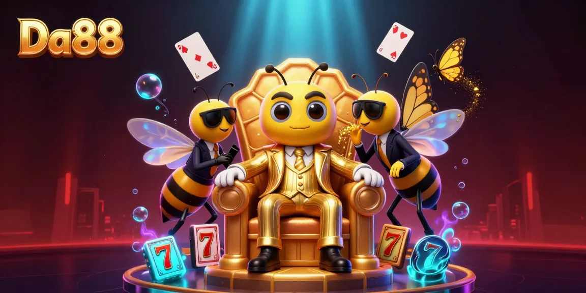 Engage with Da88's vibrant casino world featuring the bumblebee mob boss among vibrant slots and playing cards.