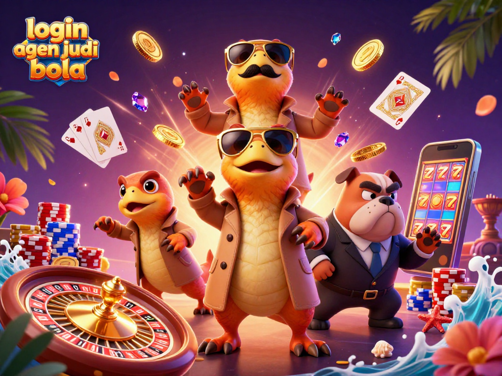 Engage with login agen judi bola as playful raptors enjoy a casino adventure with vibrant gaming elements.