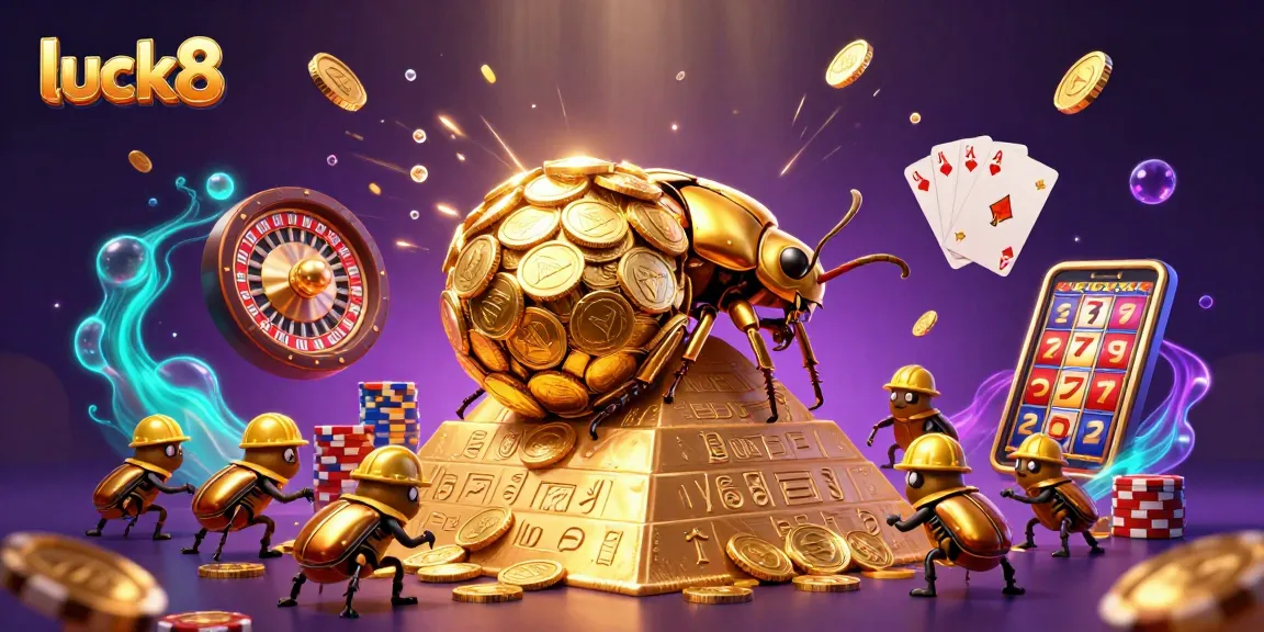 Experience the excitement of luck8 with a vibrant casino-themed 3D illustration featuring golden coins and dynamic gameplay elements.