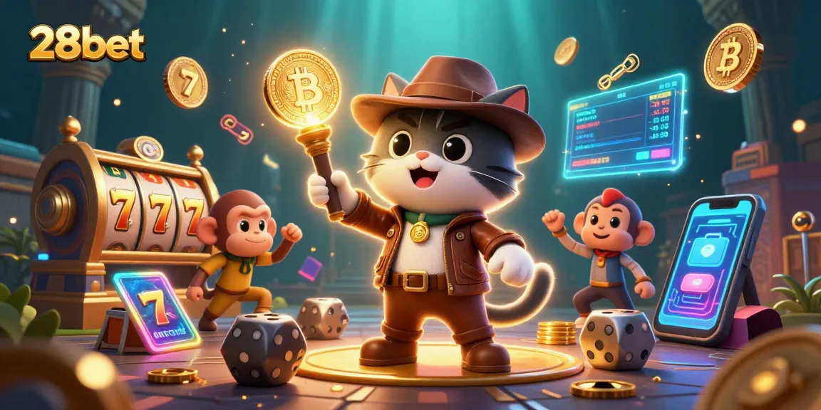 Play thrilling slots at 28bet with a charismatic explorer and a monkey in a vibrant casino