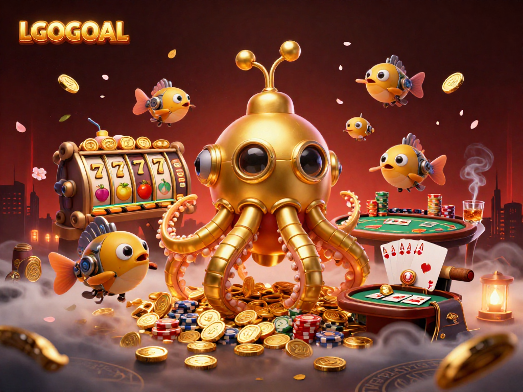 Join the excitement at LGOGOAL with this vibrant 3D casino art showcasing thrilling slot gameplay and poker elements.
