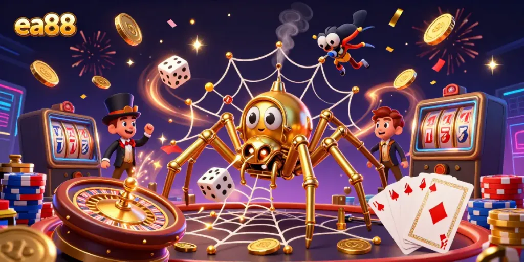 Win big with ea88 in this vibrant casino-themed illustration featuring dynamic game elements.