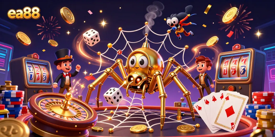 Win big with ea88 in this vibrant casino-themed illustration featuring dynamic game elements.